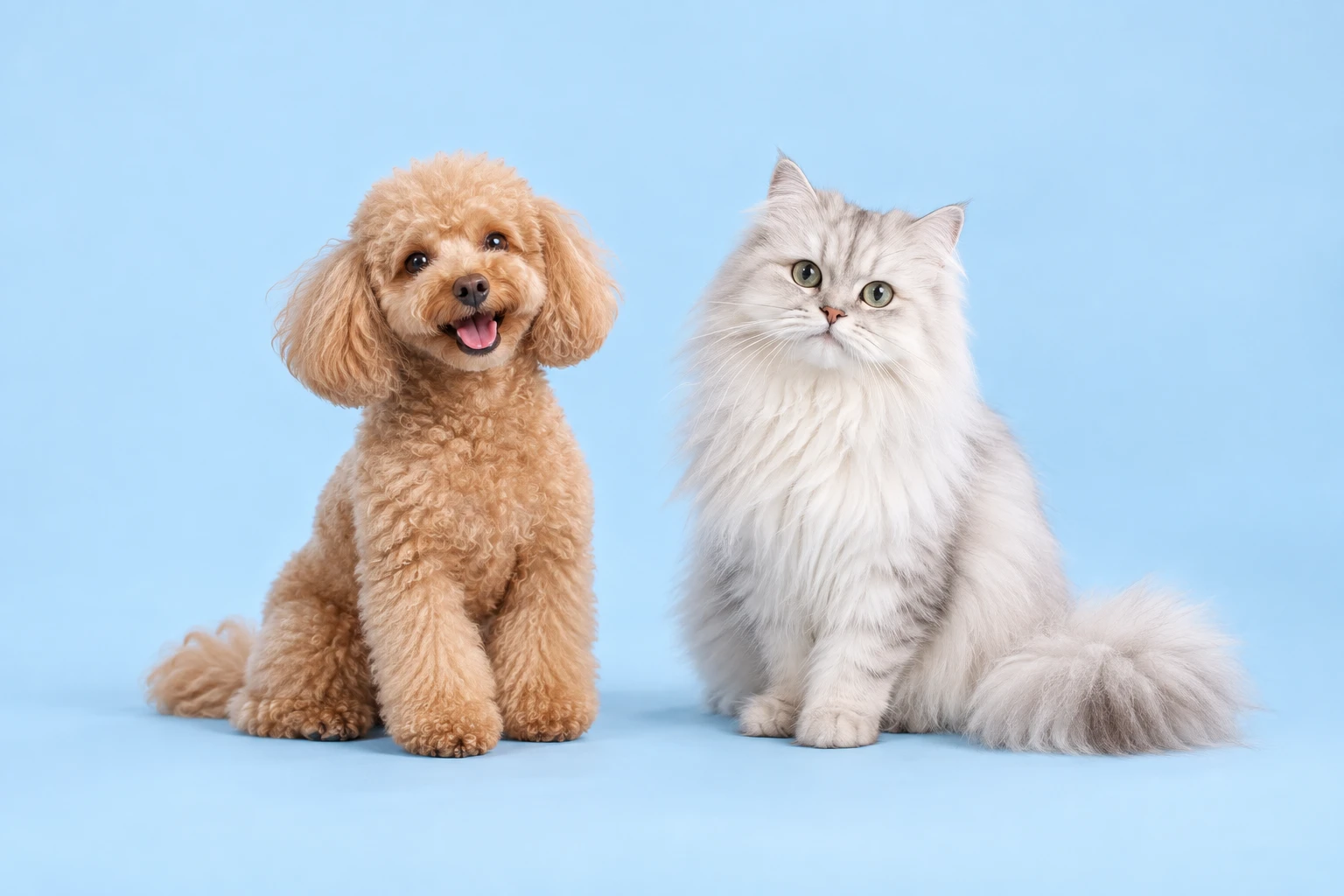 Un caniche abricot et un chat à poils longs, réunis dans un univers bleu doux